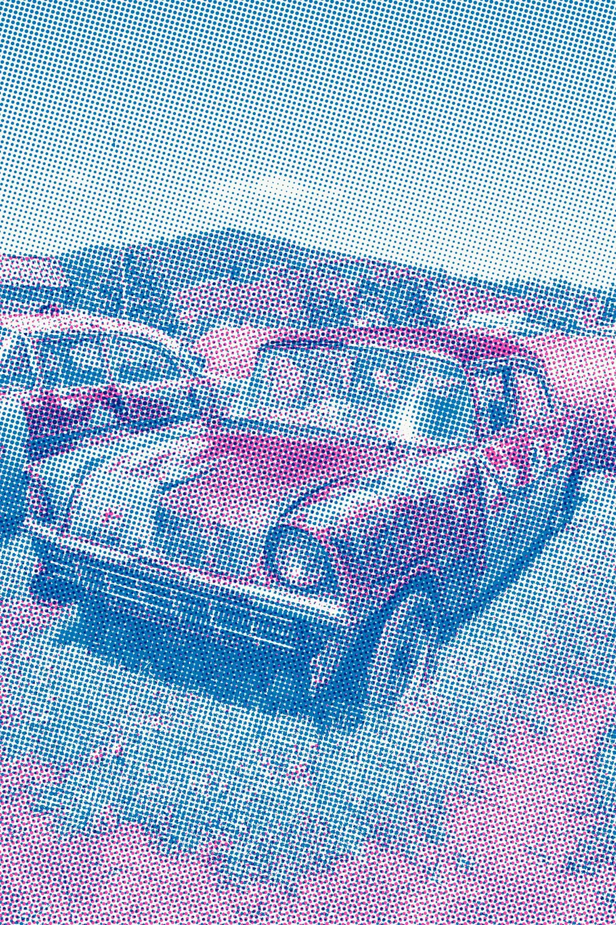 A rusted old sedan parked on grass beside another wreck, printed in blue and pink halftone