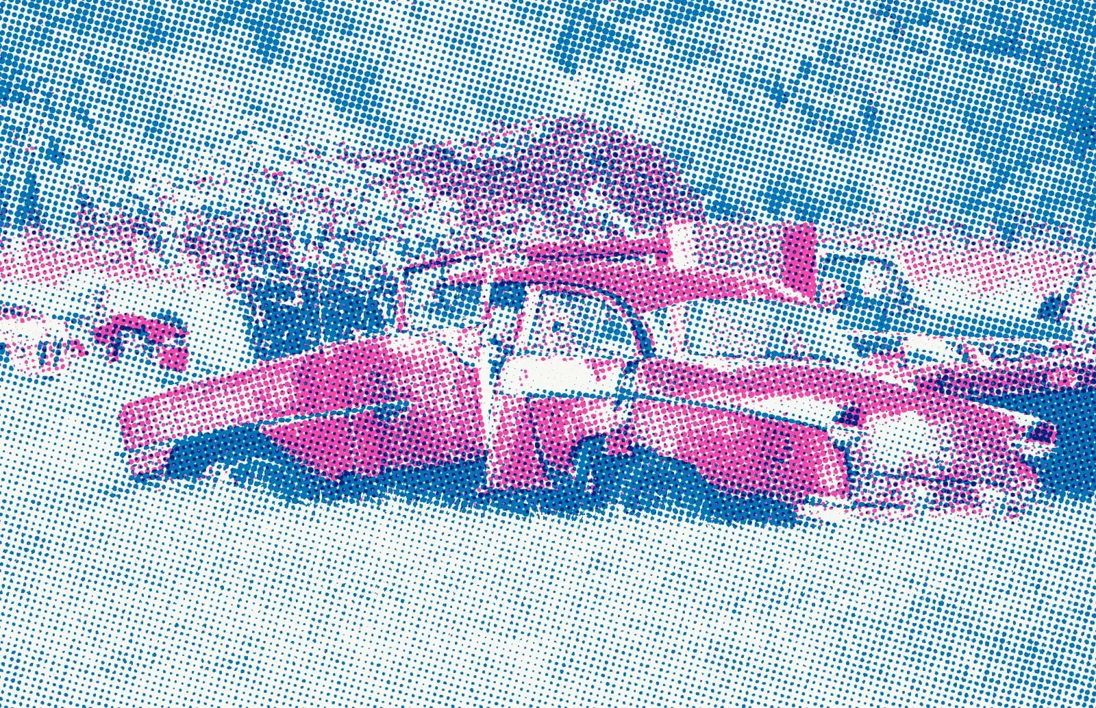 A rusted 1950s sedan with a broken frame in a grass field, printed in blue and pink